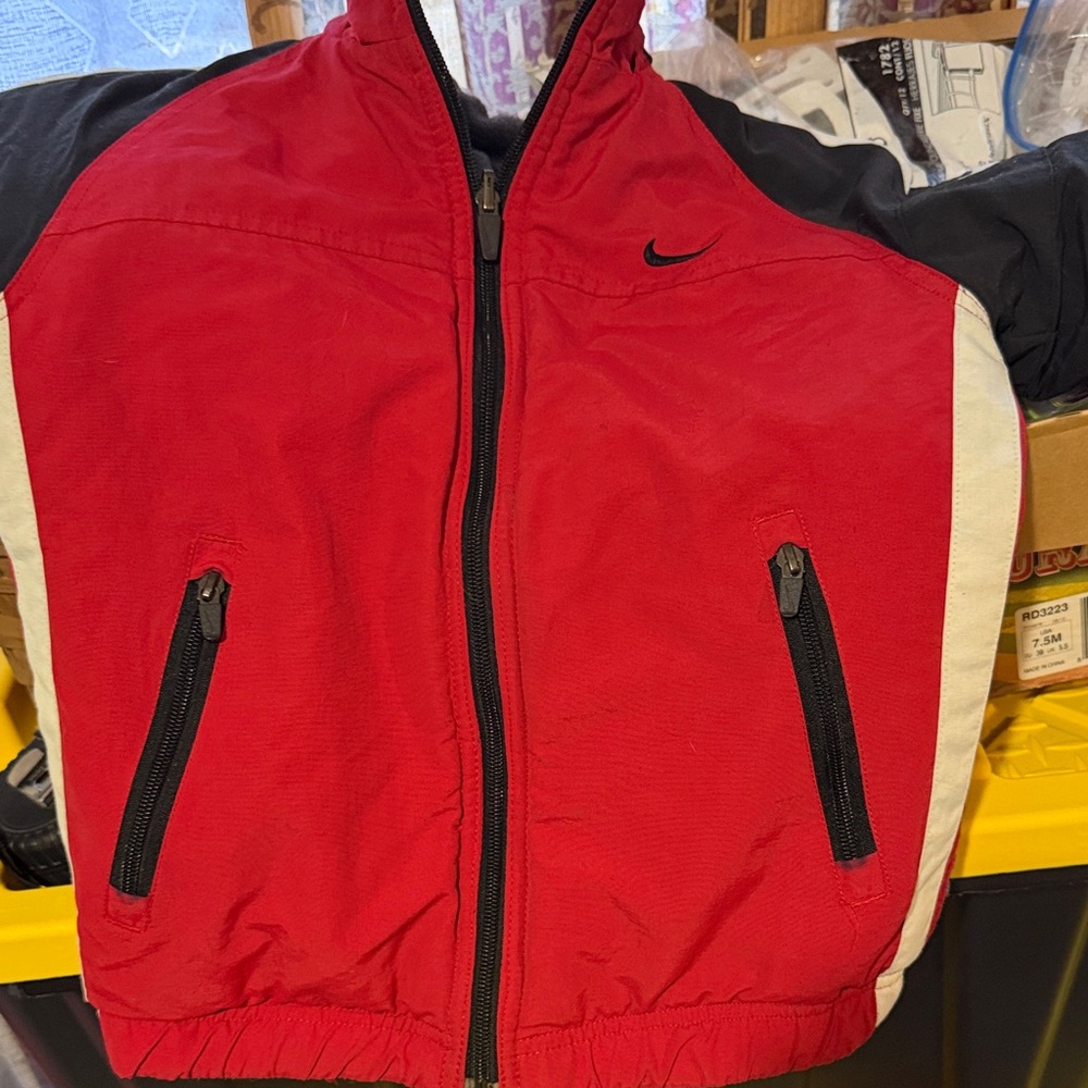 Nike Red Nylon Jacket with Black Sleeves and a Grey and a White Stripe